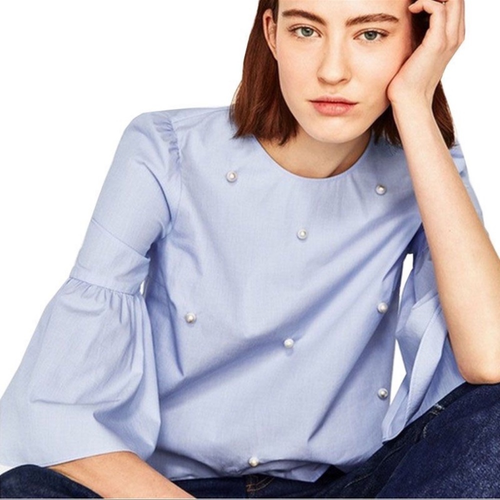 Zara Basic Bell Sleeve Pearl Embellished Poplin Blouse Swing Top Small Blue